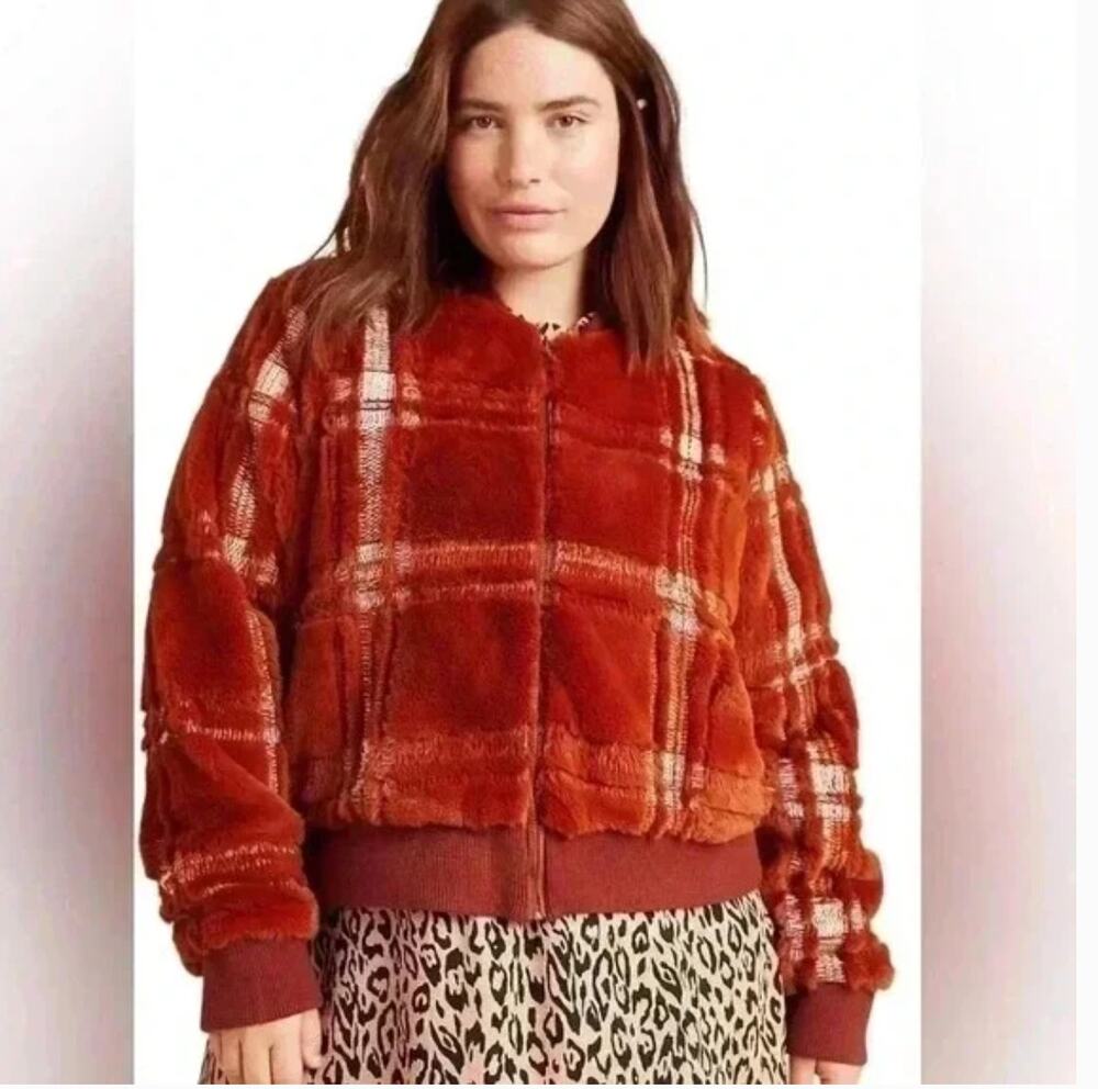 Anthropologie Faux Fur Teddy Bomber Jacket 2X NWOT Rust Plaid Coat Western